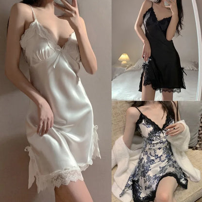 Women's Lace V-Neck Nightdress - Sleeveless Sleepwear - Bascora