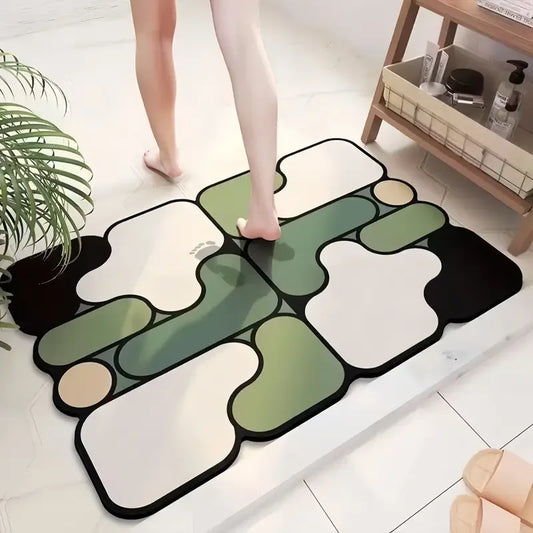 Person stepping onto a colorful abstract rug on a tiled floor.