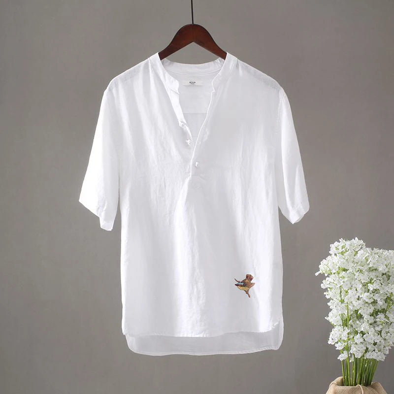 Men's Linen Bird Embroidery T-Shirt - V-Neck Street Fashion