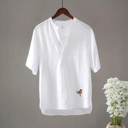 Men's Linen Bird Embroidery T-Shirt - V-Neck Street Fashion - Bascora
