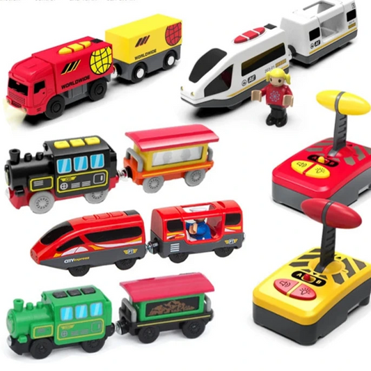 Collection of toy trains with remote control on a white background