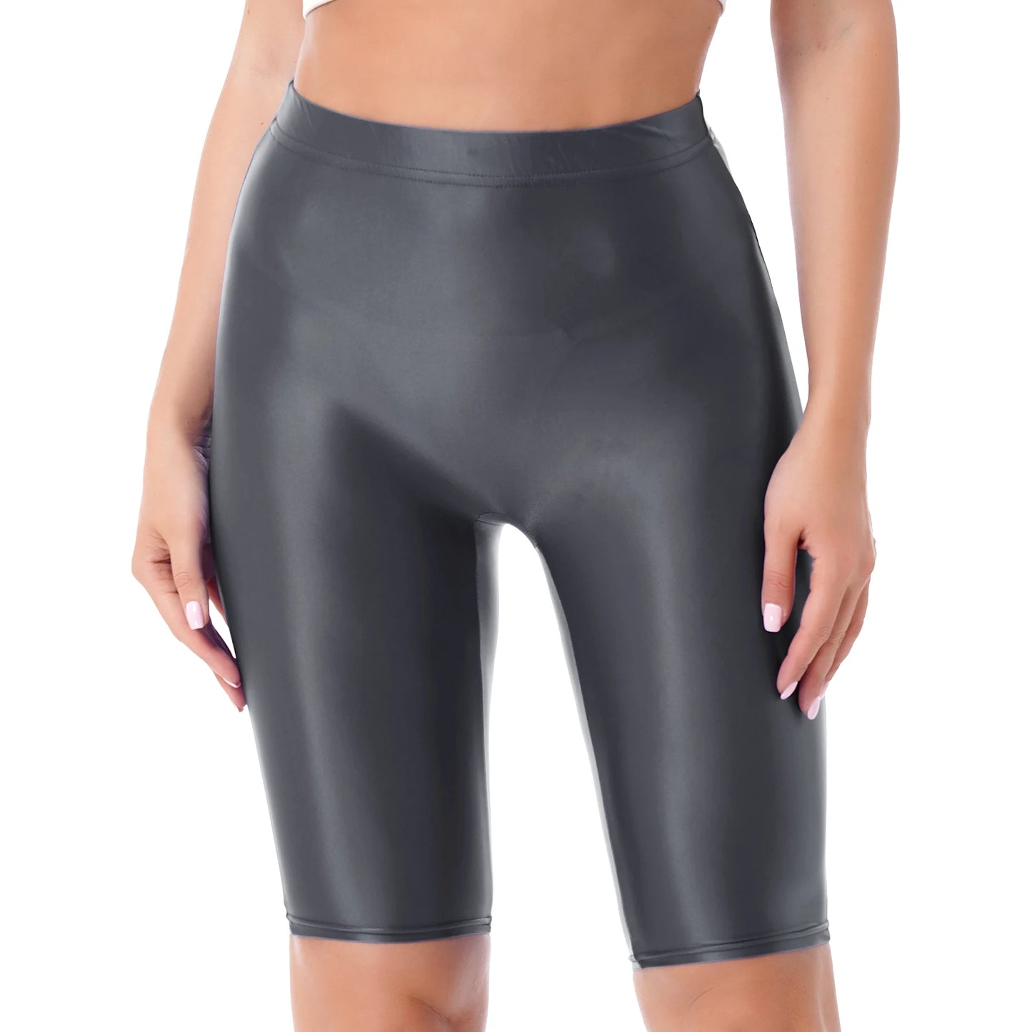 Women's High Waist Swim Shorts - Glossy Athletic Leggings Swimwear