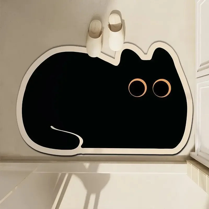 Cat-Themed Diatomaceous Earth Bath Mat - Black Cartoon Design