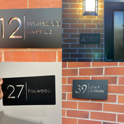 Placa personalizada con grabado láser de acrílico negro mate/gris mate para número de casa y número de calle para exteriores