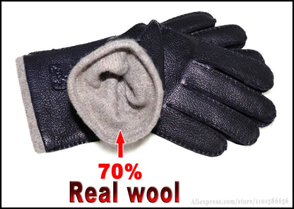 Guantes de piel auténtica de ciervo con textura - Unisex con forro de lana