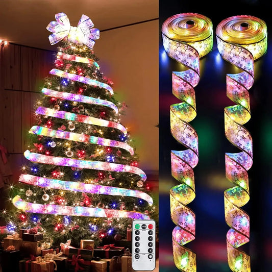 Colorful LED strip lights on a Christmas tree with remote control, surrounded by additional LED strips.