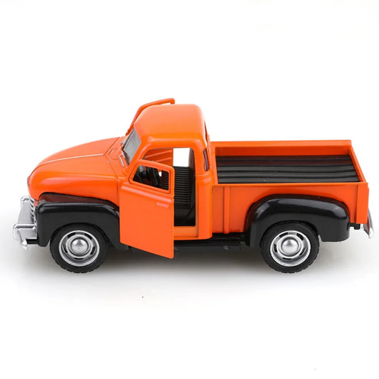 Model of an orange pickup truck on a white background
