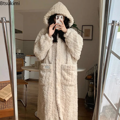 Winter Hooded Fleece Robe - Warm Pocket Nightgown - Bascora