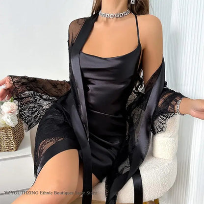 Bridal Silk Satin Robe Set - Lace Nightgown and Bathrobe - Bascora