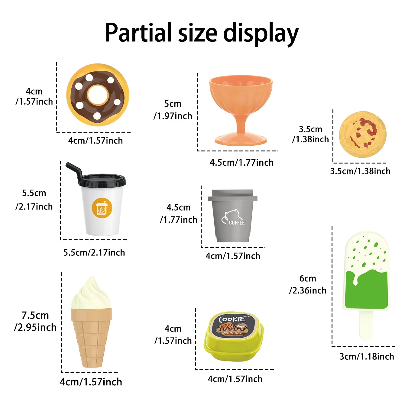 Partial size display of various small items with measurements