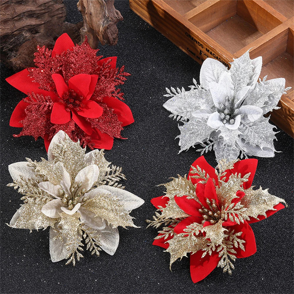 Christmas Flower Ornaments - Glitter Artificial Flowers