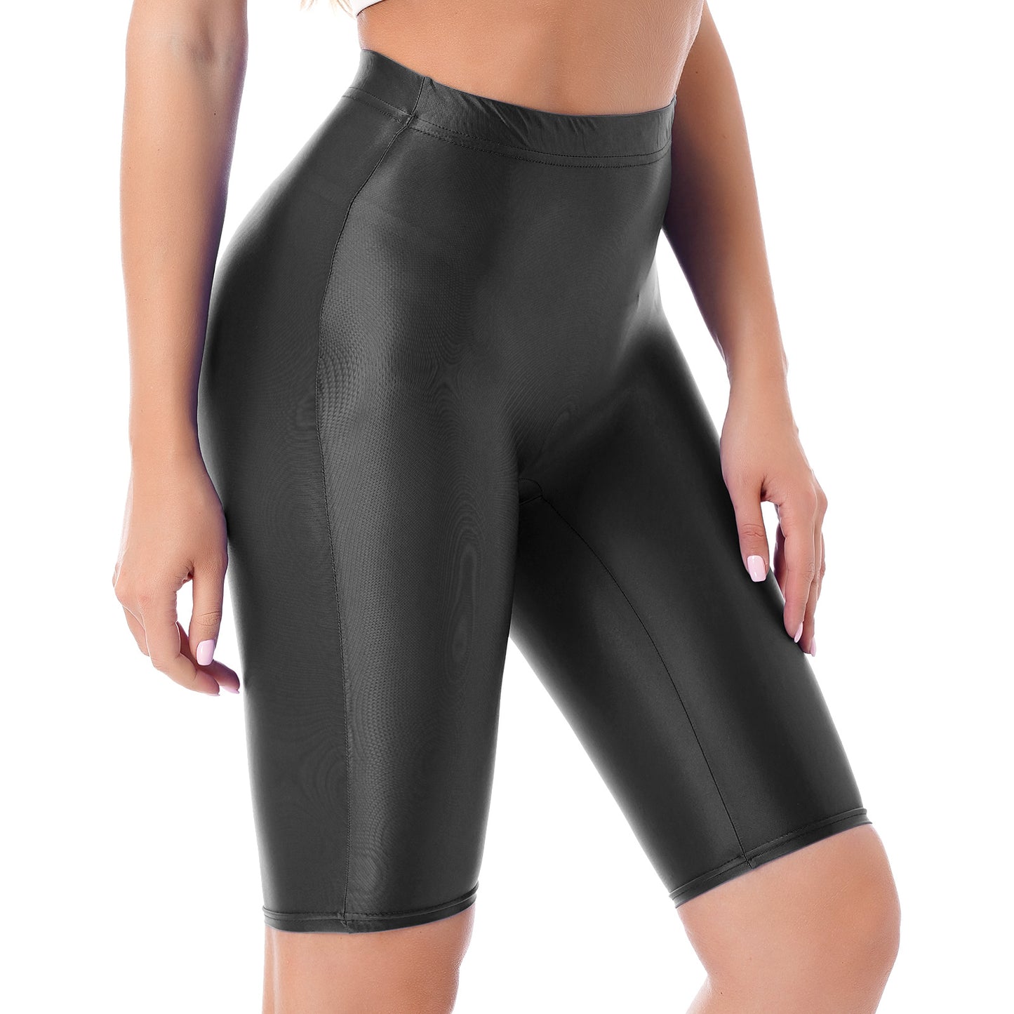 Women's High Waist Swim Shorts - Glossy Athletic Leggings Swimwear
