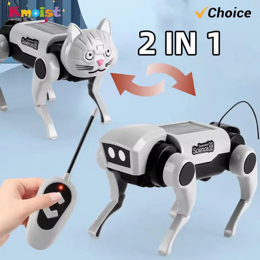 Two robotic pets, one cat-like and one dog-like, with a hand holding a remote control on a light blue background.