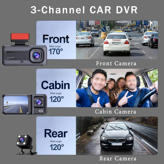 3 Channel Dash Cam for Cars - 1080P Video Recorder