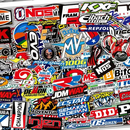 Collection of various automotive and motorcycle brand stickers on a white background
