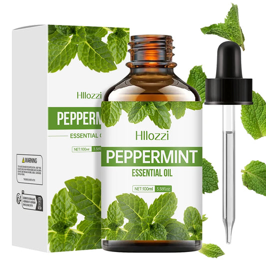 Hillozzi peppermint essential oil bottle with dropper and packaging on a white background