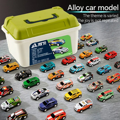 Collection of toy cars in a storage box with a green lid on a gray surface.
