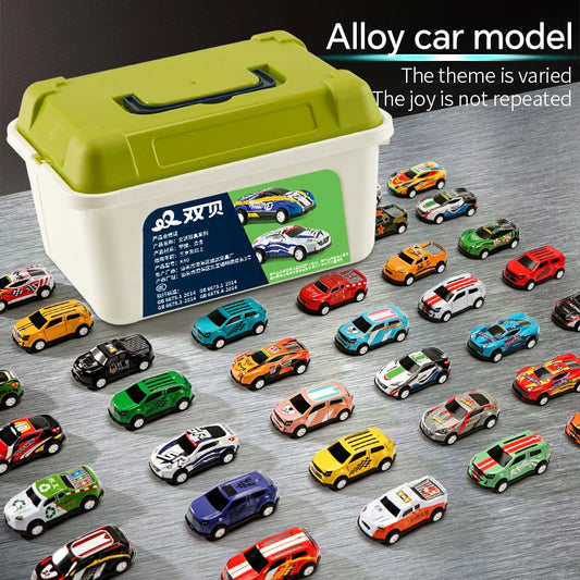 Collection of toy cars in a storage box with a green lid on a gray surface.