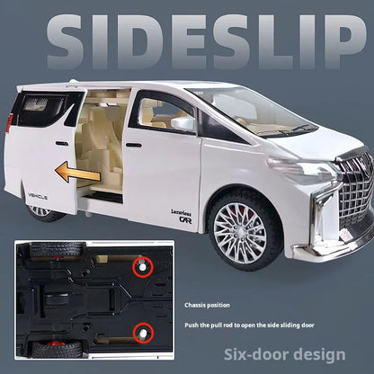 Model car with open side door on a gray background, showing chassis and door mechanism.