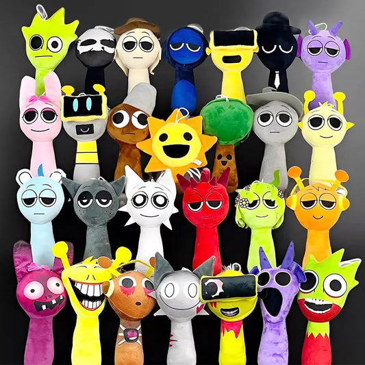Collection of colorful plush toys with various designs on a dark background