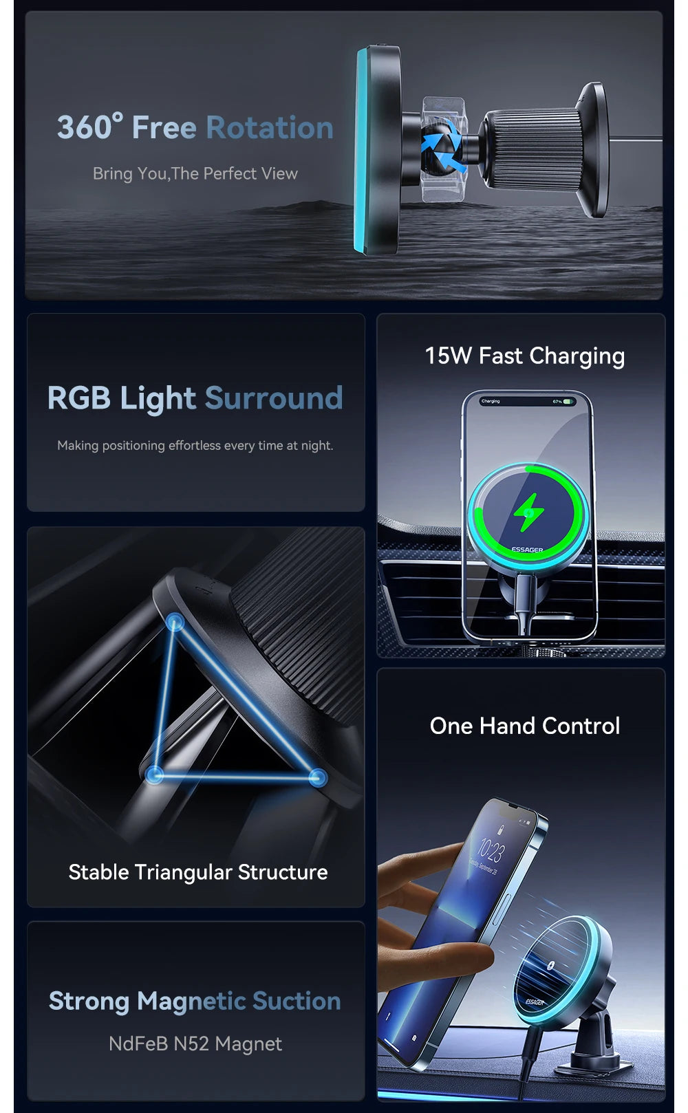 Essager Magnetic Wireless Charger 15W - RGB Car Mount