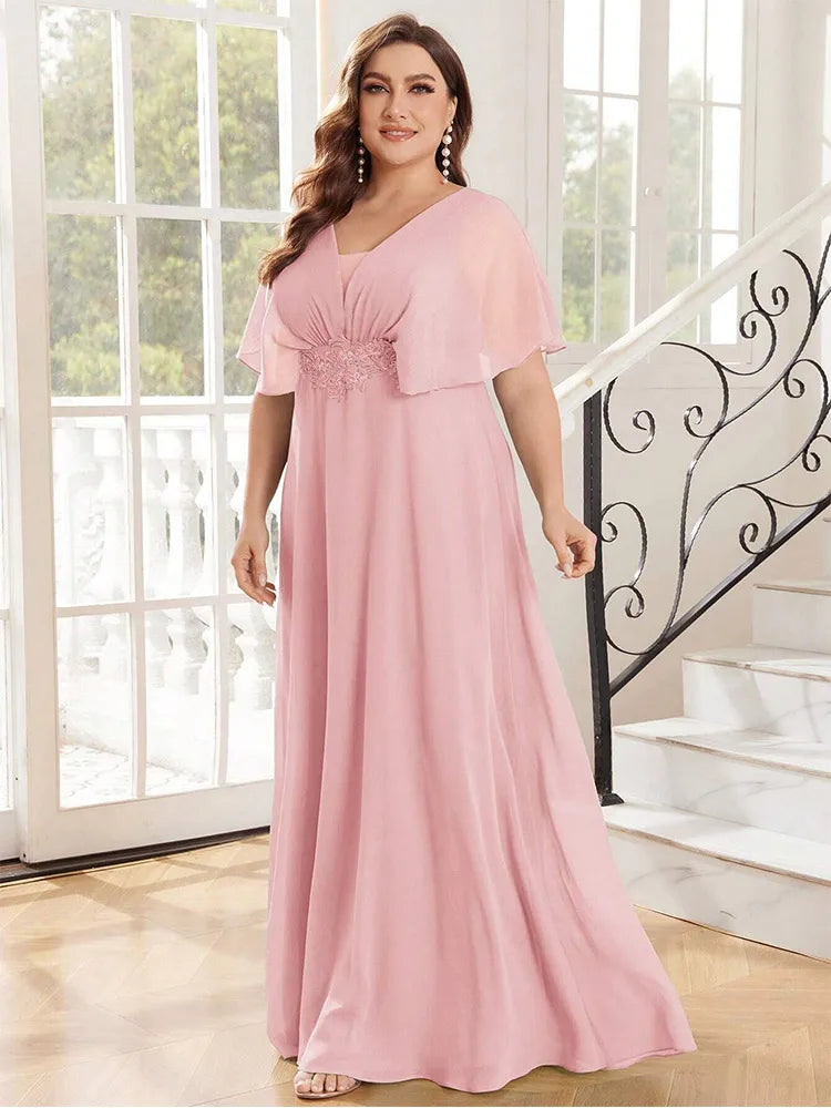 Plus Size Chiffon Evening Dress - V-Neck Bridesmaid Gown