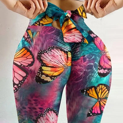 Women's High Waist Butterfly Print Yoga Pants - Bow Bandage Tights - Bascora