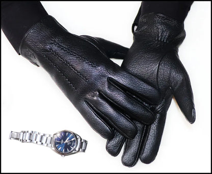 Guantes de piel auténtica de ciervo con textura - Unisex con forro de lana