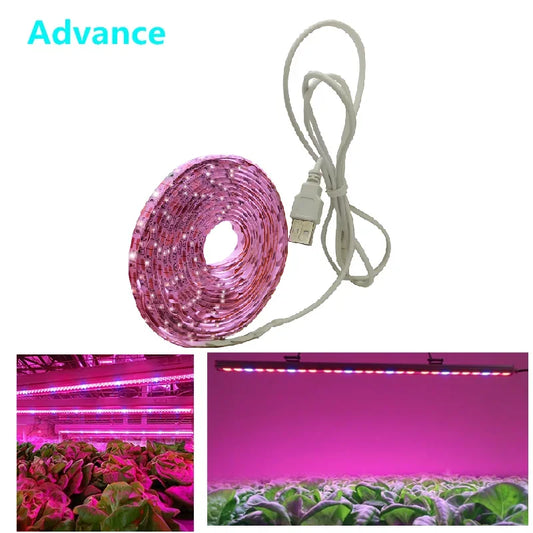 LED grow light strip with USB cable and images of plants being grown under it.