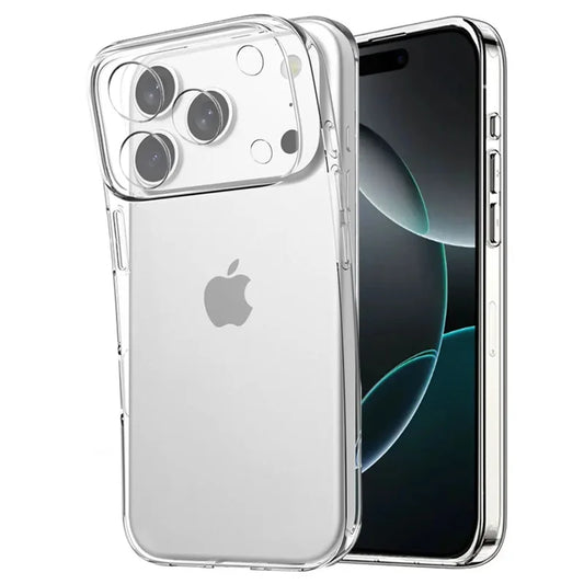 Clear iPhone 17 Pro case with Apple logo on a white background