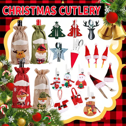 Christmas Cutlery Holder Bag - Santa Hat Fork Knife Sleeves - Bascora