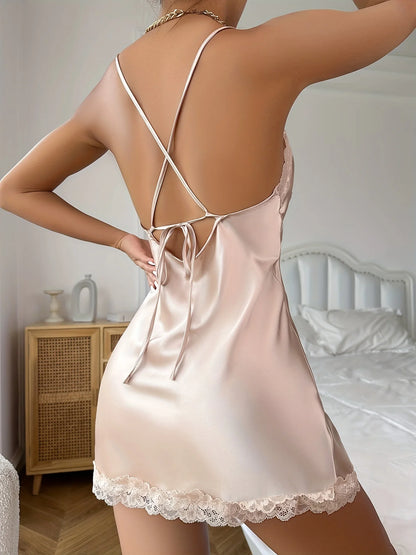 Luxury Lace Satin Nightgown - Deep V Backless Halter Dress - Bascora
