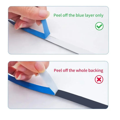 Instructions on how to peel a blue layer from a product, with correct and incorrect methods shown.