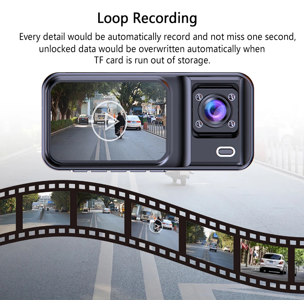3 Channel Dash Cam for Cars - 1080P Video Recorder