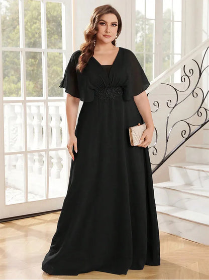 Plus Size Chiffon Evening Dress - V-Neck Bridesmaid Gown - Bascora