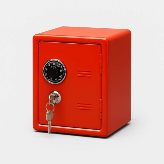 Red safe box with a combination lock on a white background