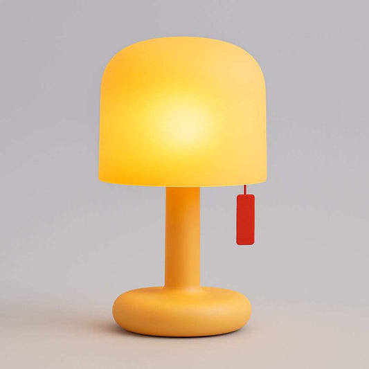 Yellow table lamp with a red tag on a gray background