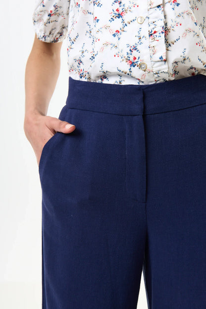 Tilde Linen Mix Straight Leg Trousers - Navy