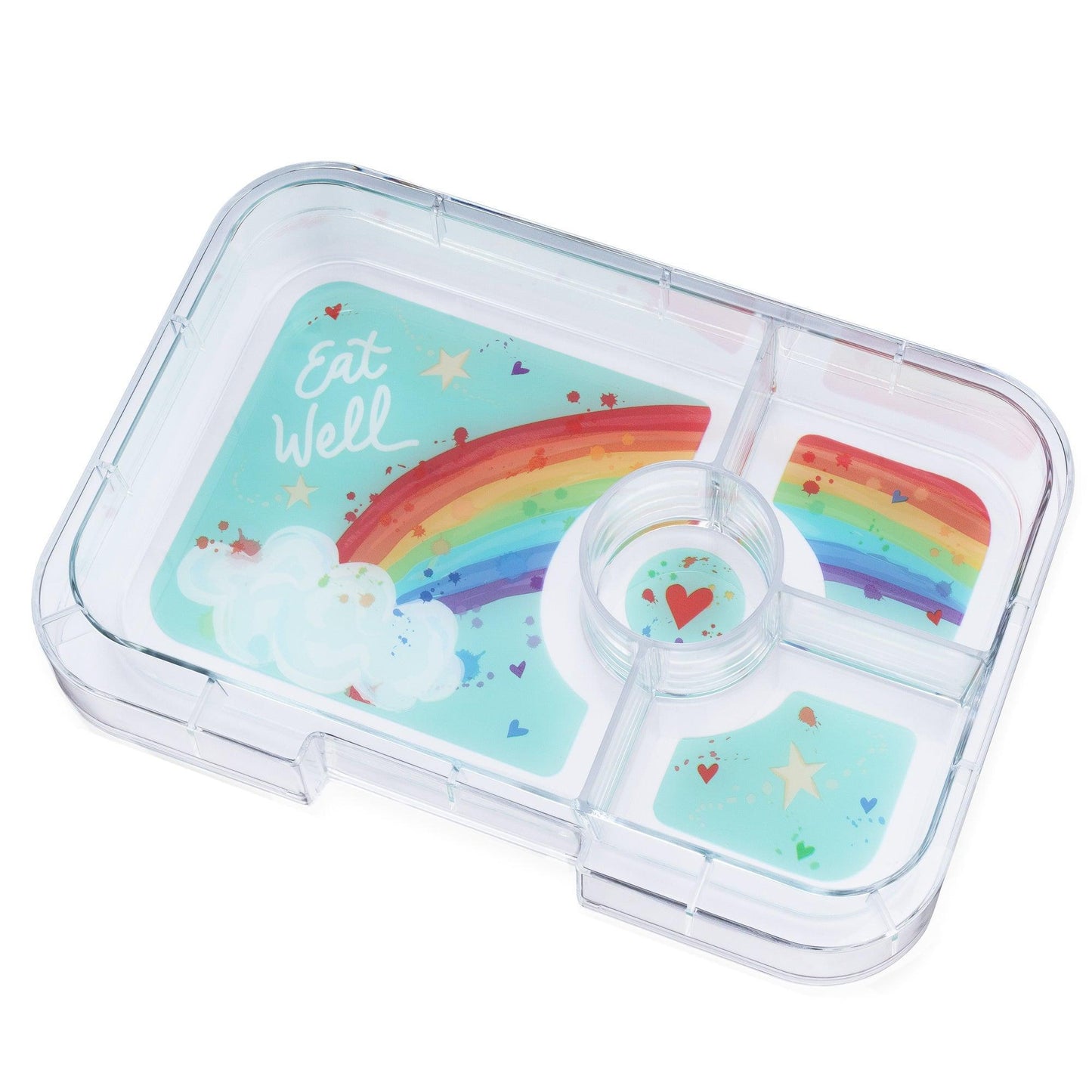 Children's lunch box with rainbow design and 'Eat Well' text on a white background