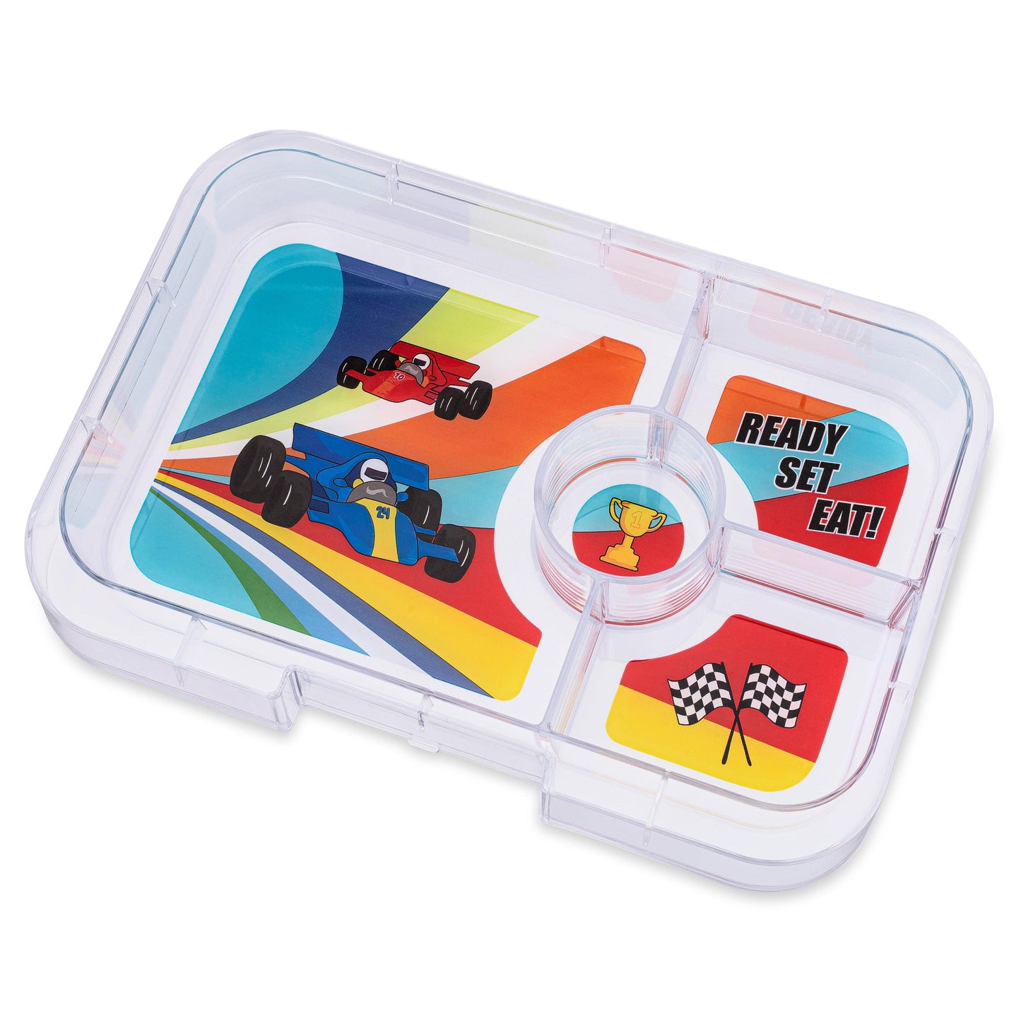 Colorful snack container with racing car design on a white background