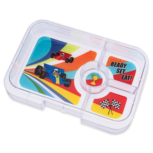 Colorful snack container with racing car design on a white background