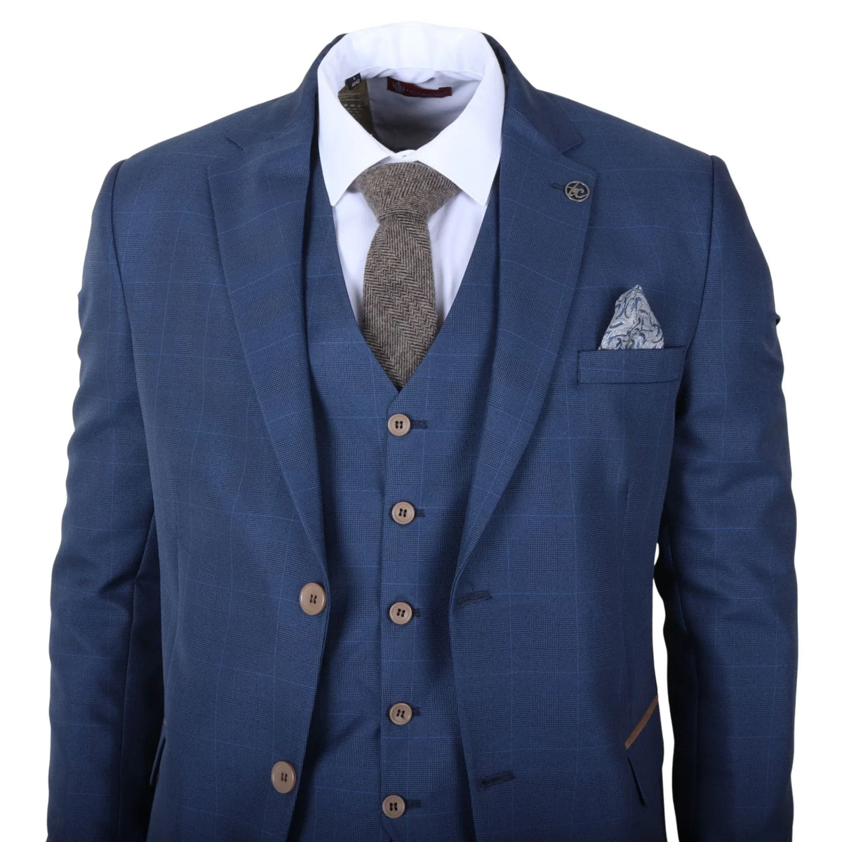 Men's Blue Check 3 Piece Tailored Fit Suit by TruClothing