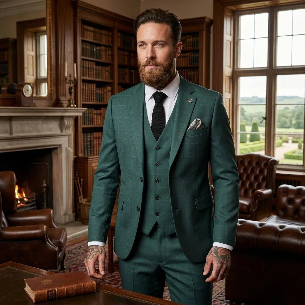 Men's Green Check 3 Piece Tailored Fit Suit by TruClothing