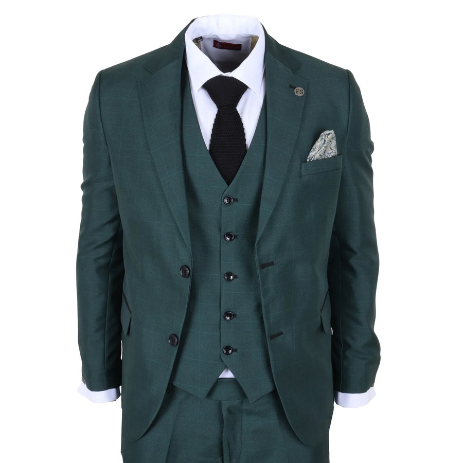 Men's Green Check 3 Piece Tailored Fit Suit by TruClothing