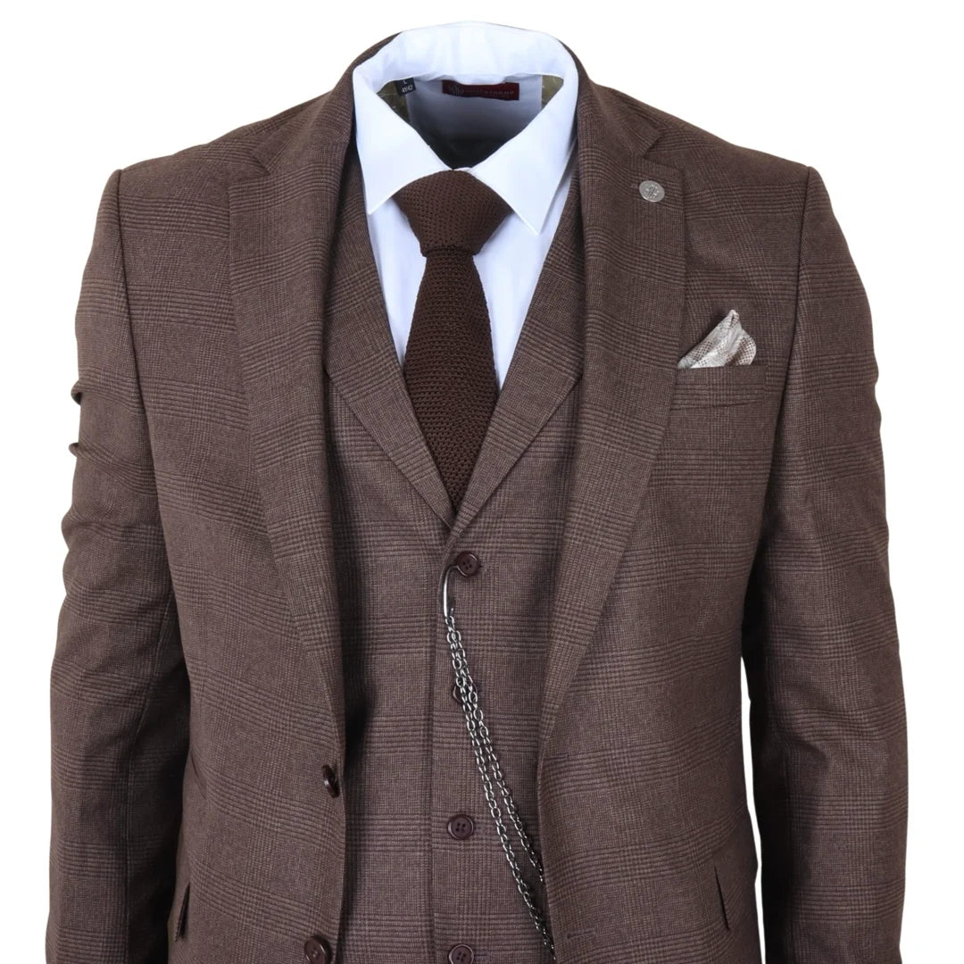 Men's Brown 3 Piece Prince of Wales Check Suit