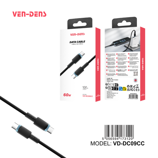 USB-C to USB-C 60W TPE Braided Black Charging Cable VD-DC09CC