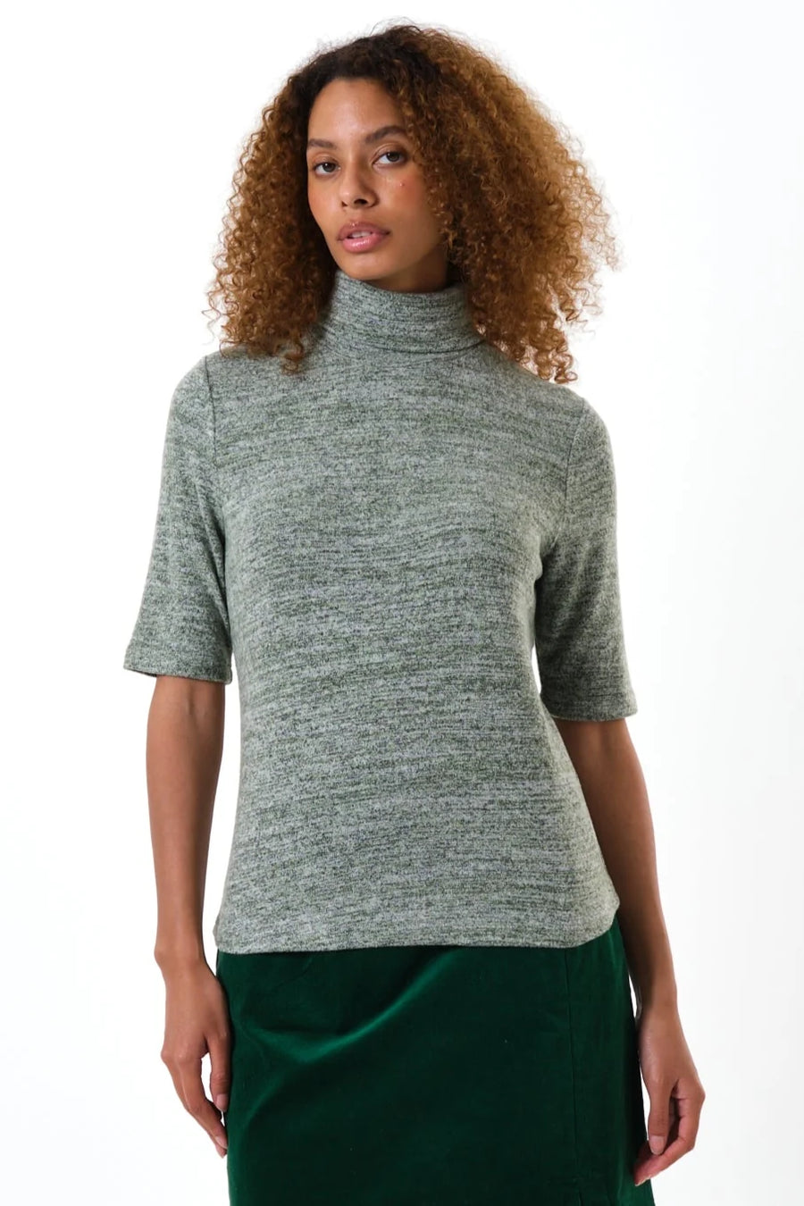 Vista Soft Marl Polo Neck Short Sleeve Top - Green