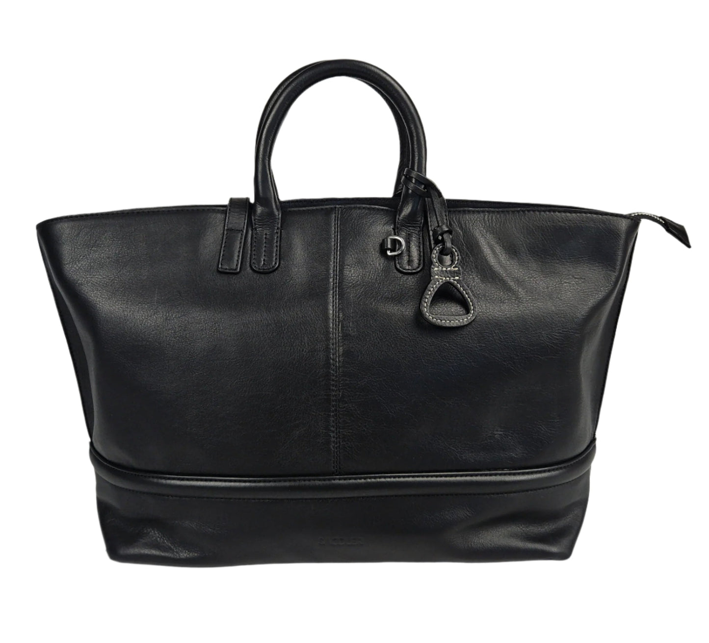 Black leather bag with a handle on a white background