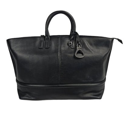 Black leather bag with a handle on a white background