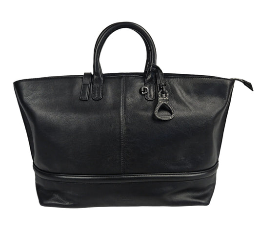 Black leather bag with a handle on a white background